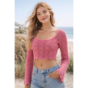 Hollister Pink Pointelle Crochet Knit Cropped Sweater Square Neck Scalloped XS